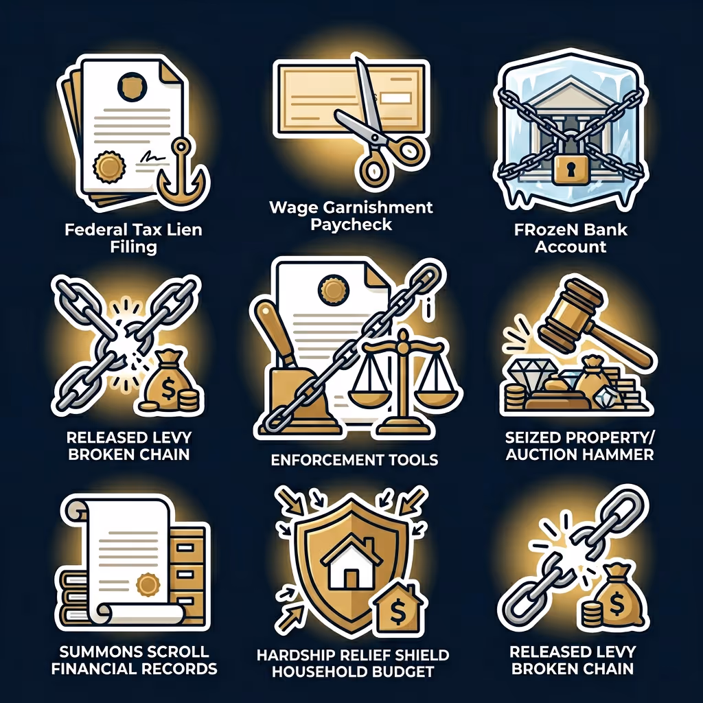 Graphic showing IRS enforcement tools including Federal Tax Lien Filing, Wage Garnishment Paycheck, Frozen Bank Account, Released Levy Broken Chain, Enforcement Tools with scales and stamp, Seized Property Auction Hammer, Summons Scroll Financial Records, Hardship Relief Shield Household Budget, and another Released Levy Broken Chain.