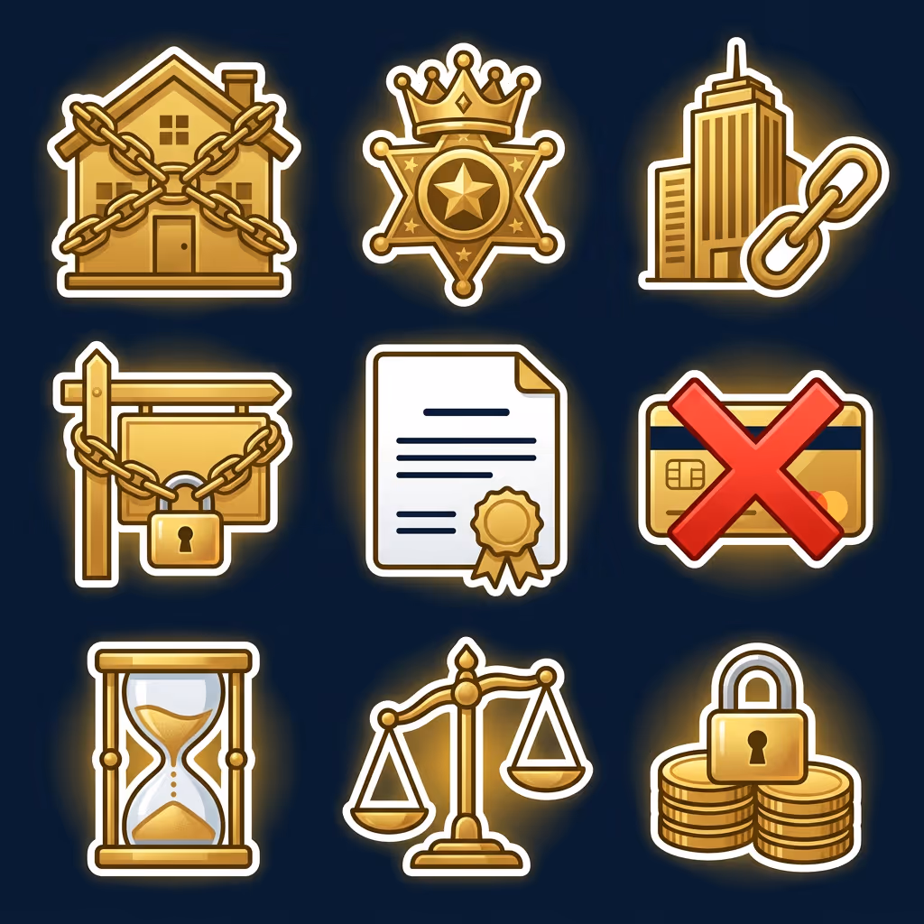 Gold icons representing lien effects including a chained house, sheriff badge, linked building, locked signpost, certified document, blocked credit card, hourglass, justice scales, and locked coins stack.