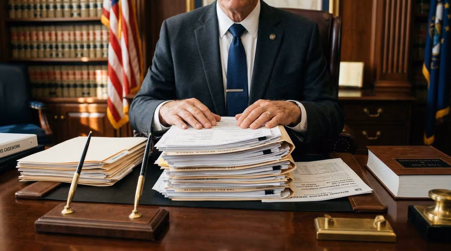 Hombre vestido con traje, sentado ante un escritorio con grandes pilas de documentos fiscales y jurídicos ordenados, en un entorno de oficina con la bandera estadounidense y libros de derecho al fondo.