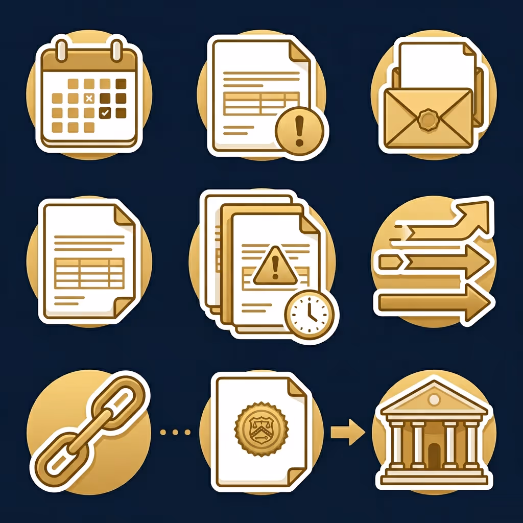 Nine gold and white icons on dark background showing a calendar, alert document, sealed envelope, document, timed alert documents, arrows, chain link, certified document, and a classical building with columns.
