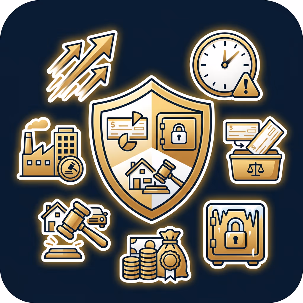Gold shield with four financial and legal icons including graph and dollar sign, locked safe, house with gavel, and overlay of industrial, clock with warning sign, checks in legal box, gavel hitting base with house and car, money bag and coins, and frozen locked safe surrounding the shield on dark background.