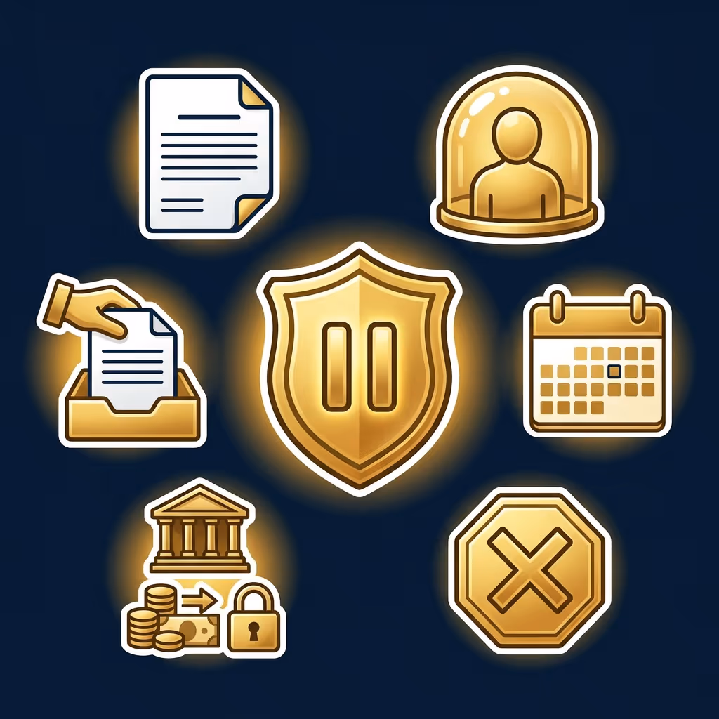Set of golden icons including a document, a hand inserting a document into a folder, a user under a protective dome, a calendar, a financial institution with money and a lock, a shield with a pause symbol, and a stop sign with an X.