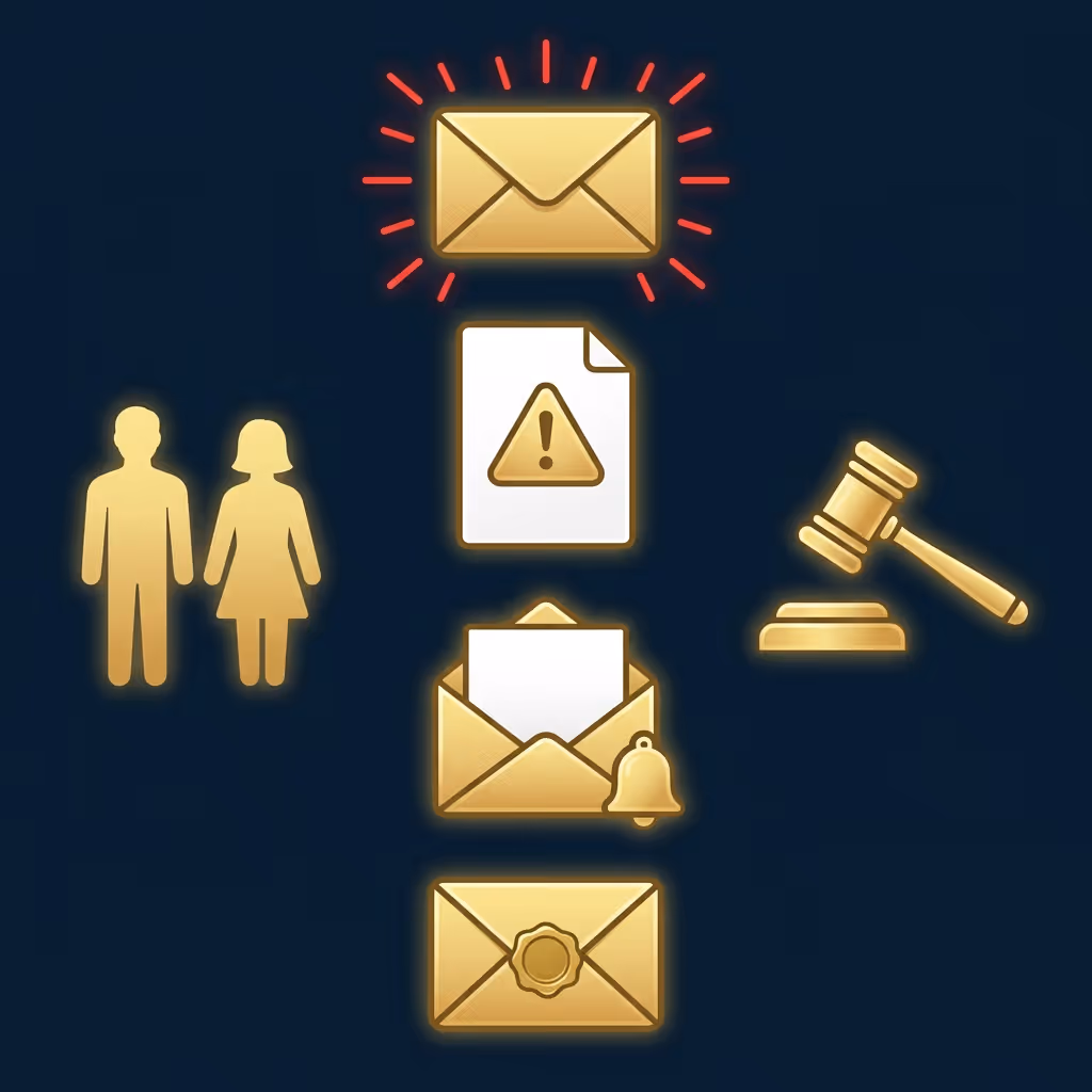 Icons showing steps in a notice process: alert envelope, warning document, notification envelope with bell, sealed envelope, with symbols of people and a judge's gavel nearby.