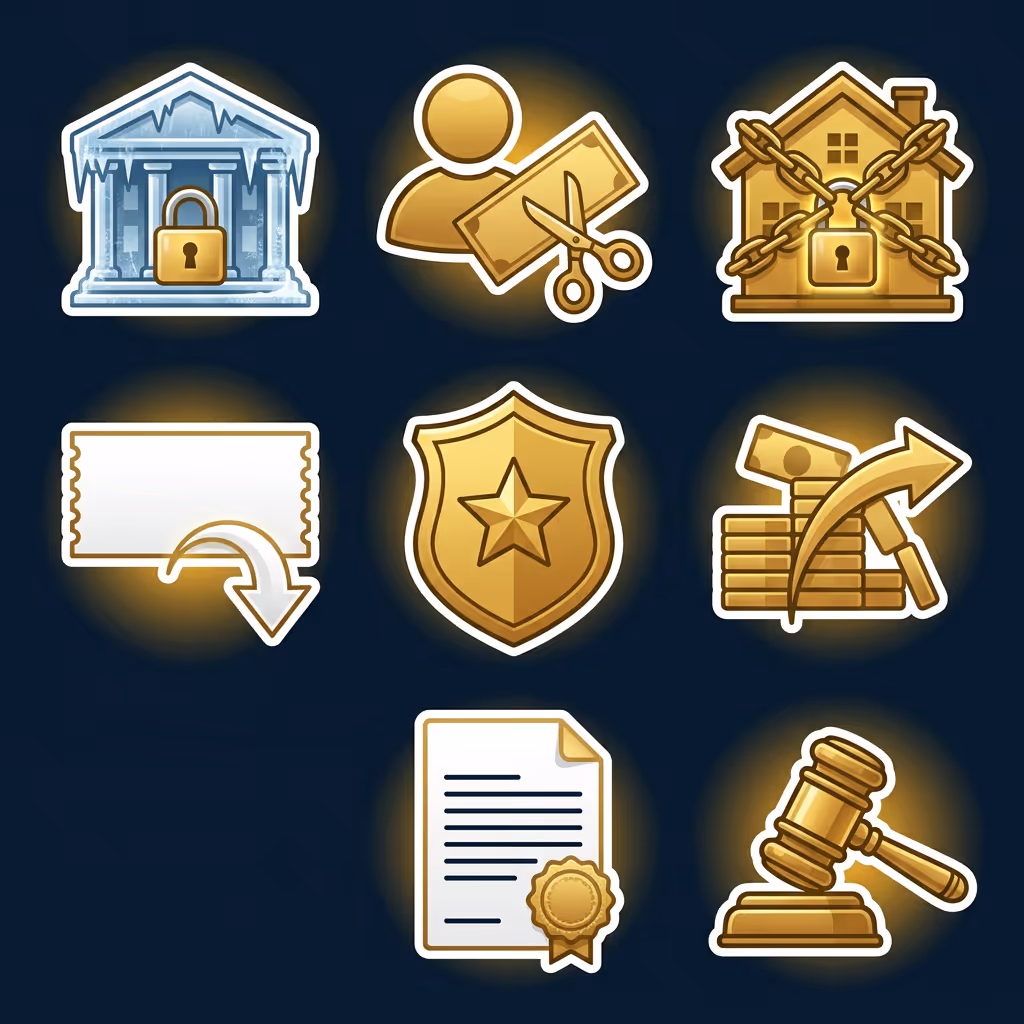 Set of eight gold and silver icons depicting IRS enforcement tools including a locked bank, a person with scissors cutting a check, a chained house, a document with a downward arrow, a shield with a star, stacks of coins with a hammer and arrow, a certified document, and a judge’s gavel.