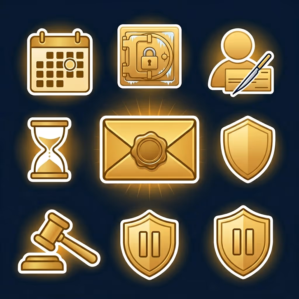 Nine golden icons on dark background including calendar, safe, person signing check, hourglass, sealed envelope, shield, gavel, and two pause shield symbols.