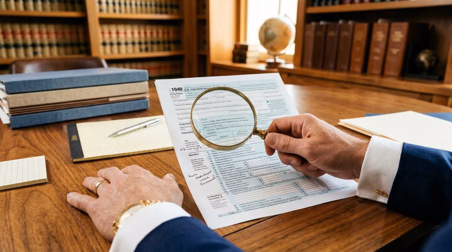 Una persona vestida con traje que sostiene una lupa sobre un formulario 1040 del impuesto sobre la renta de las personas físicas de EE. UU. sobre un escritorio de madera en una biblioteca jurídica.