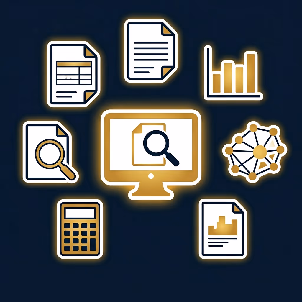 Icons representing data analysis and audit tools including documents, charts, magnifying glass, calculator, computer screen, and network nodes on a dark background.