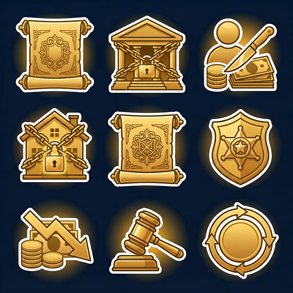 Set of nine golden legal and financial icons including scrolls, locked bank and house with chains, person with knife and money, sheriff badge, downward arrow with coins, gavel, and circular arrows.