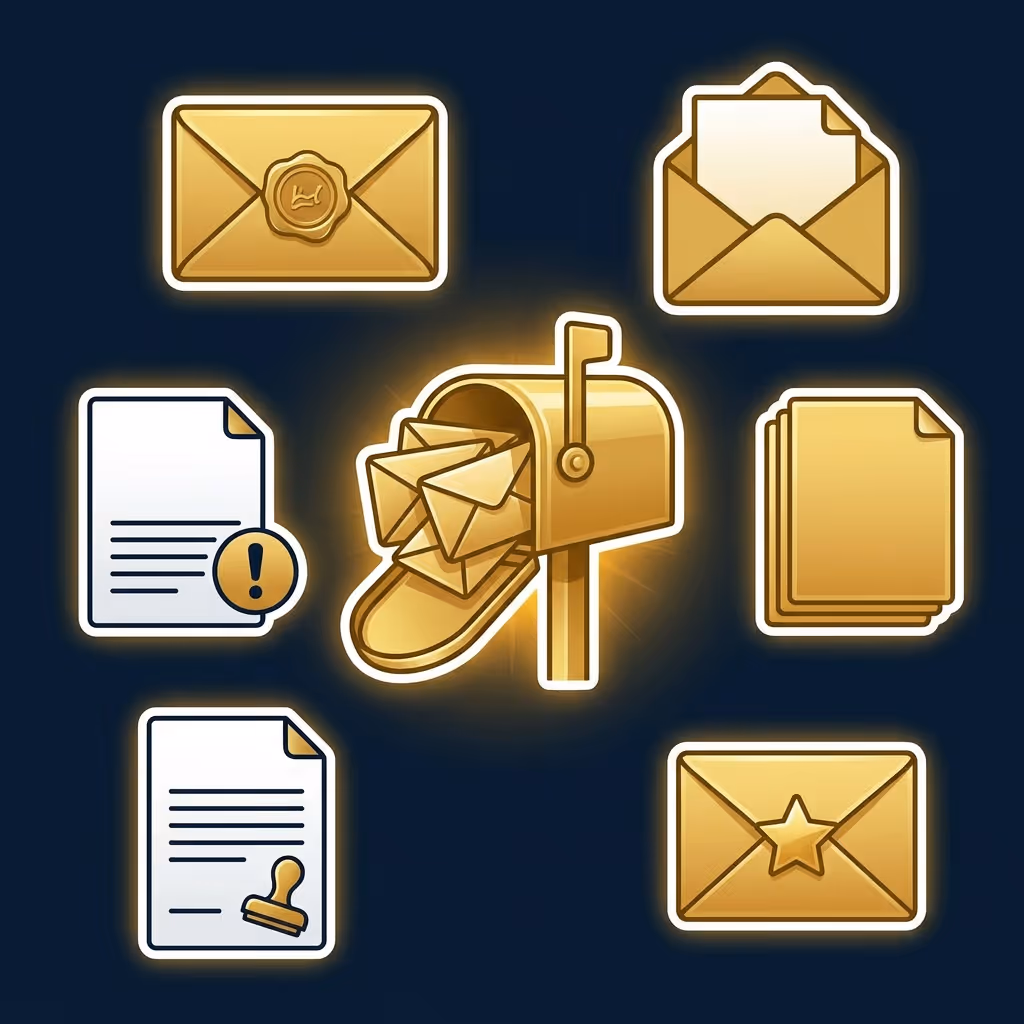 Set of gold mail and document icons including a mailbox with letters, sealed envelopes, stacked papers, and highlighted documents.