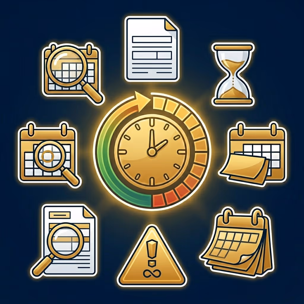 Collection of golden icons representing time management and deadlines including clocks, calendars with magnifying glasses, documents, hourglass, and a warning sign with an infinity symbol.
