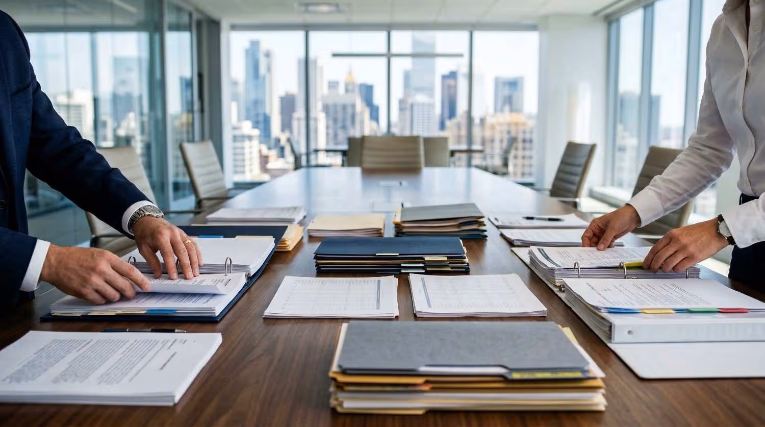 Dos profesionales del mundo empresarial revisando montones de documentos y carpetas sobre una gran mesa de reuniones en una oficina moderna con vistas al perfil urbano.