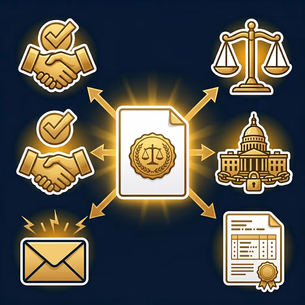 Central legal document icon with scales of justice seal connected by arrows to handshake icons with check marks, scales of justice, government building with lock, official certificate, and envelope with notification symbols on dark background.