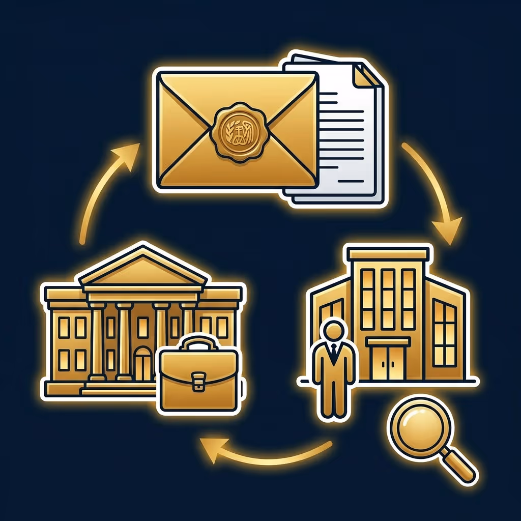 Gold icons depicting a circular flow of business documents, a person in front of a building with a magnifying glass, and a government building with a briefcase.