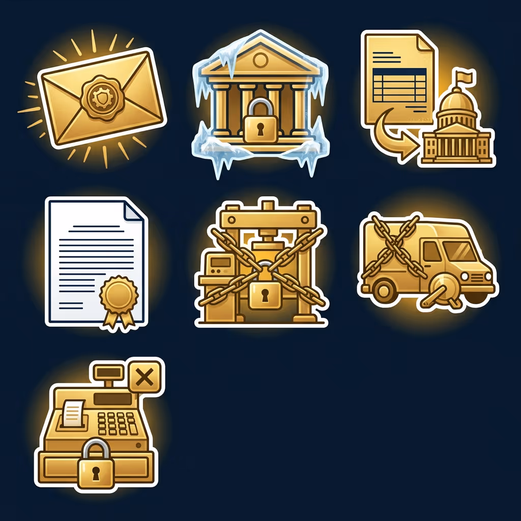 Collection enforcement tools icons including secured envelope, frozen courthouse, document and government building, certified document, locked machine with chains, chained van with wheel clamp, and locked cash register.