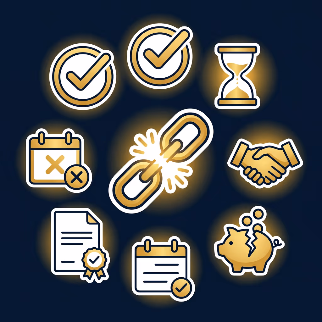 Nine gold and white icons including check marks, hourglass, calendar with an X, breaking chain link, handshake, certified document, checked calendar, and broken piggy bank on a dark background.