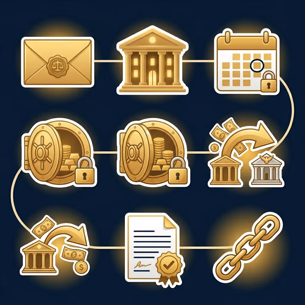 Illustration showing the bank levy process with icons of legal notice, bank building, calendar with a lock, secured vaults, money transfer between banks, funds withdrawal, certified document, and chain link.