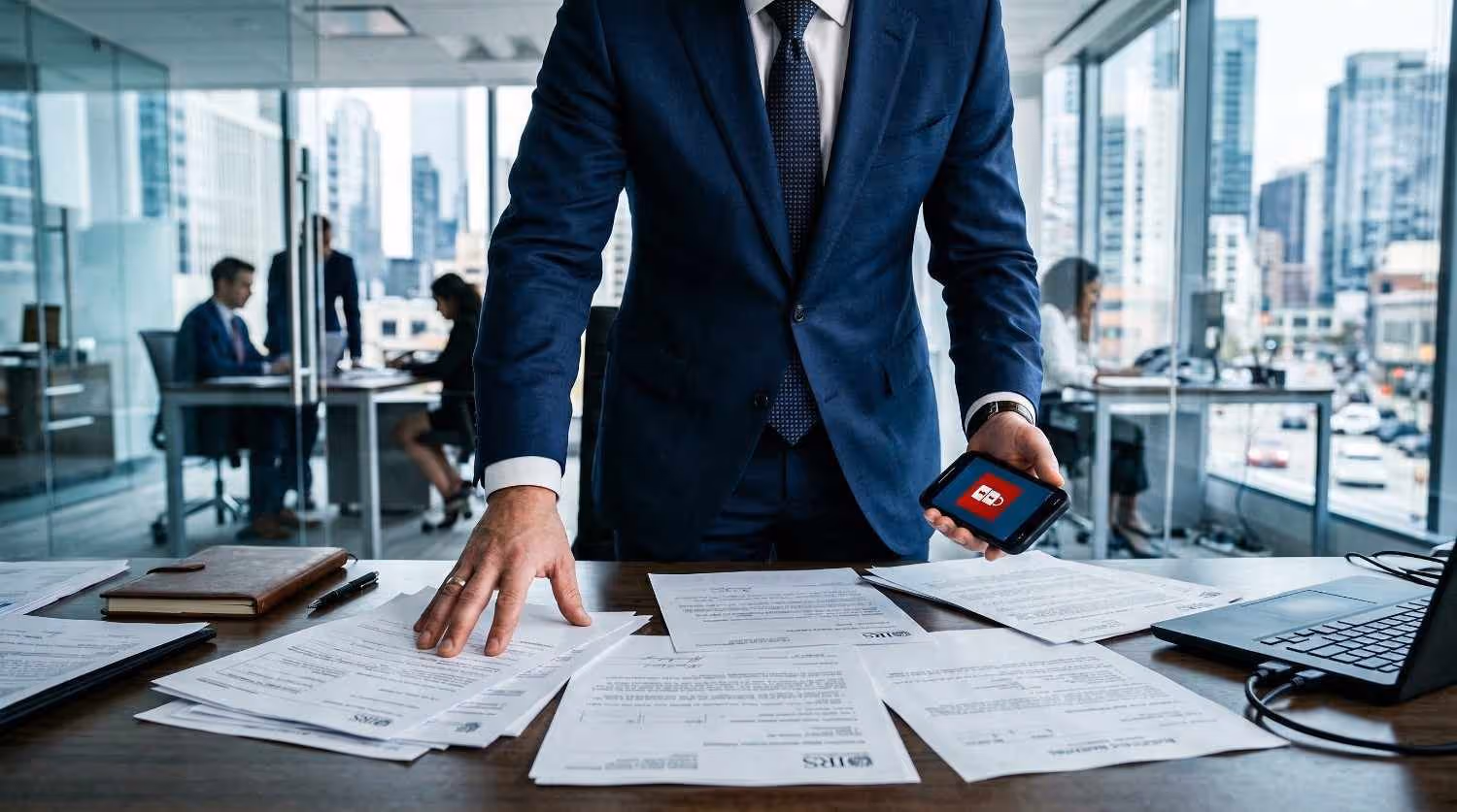 Businessman in a navy suit standing at a desk with paperwork spread out, holding a phone displaying a tax or financial app, with office workers in the background.