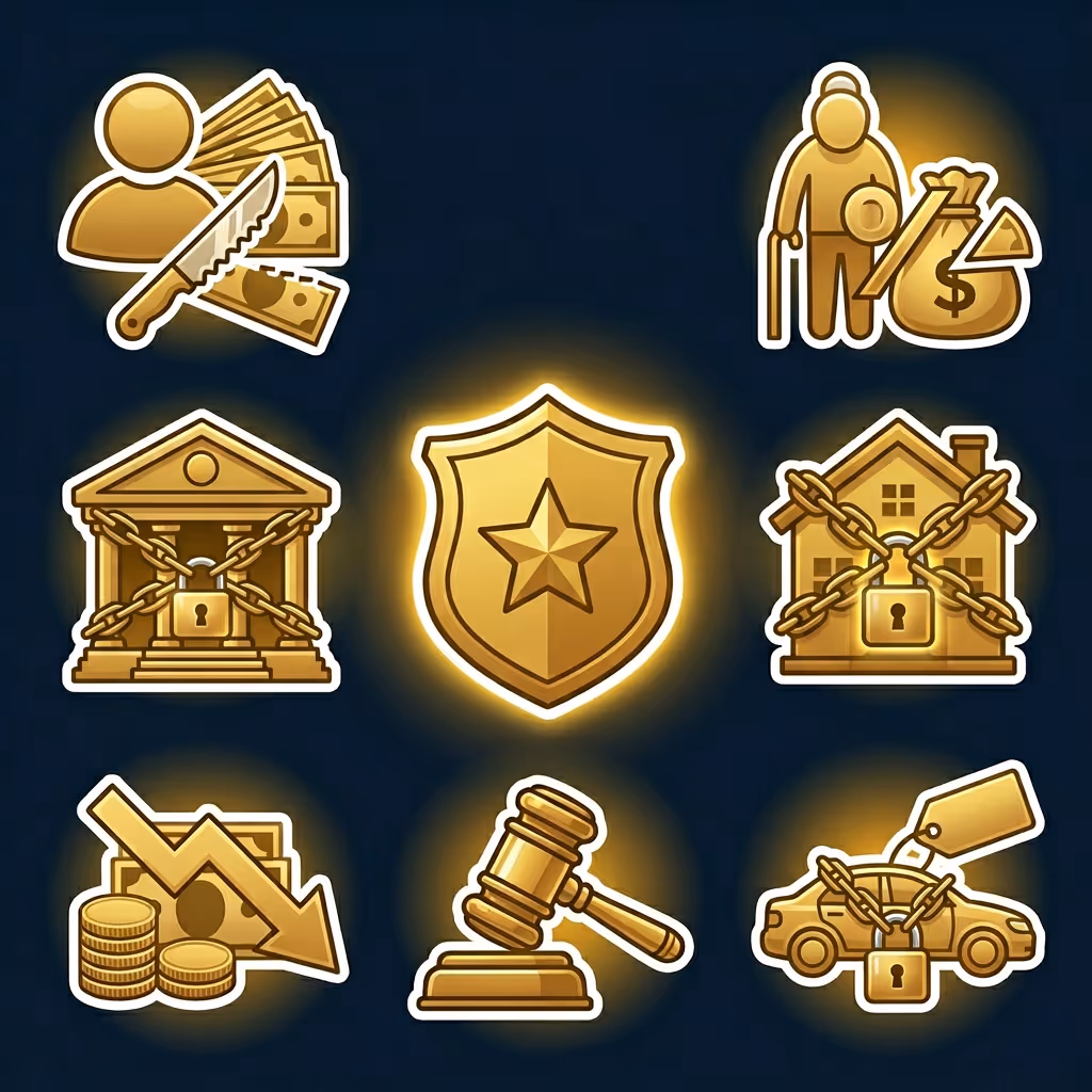 Collection of gold enforcement icons including debt cutting, elderly with money bag, locked bank, locked house, financial decline, judge's gavel, and locked car with price tag around a central shield with star.