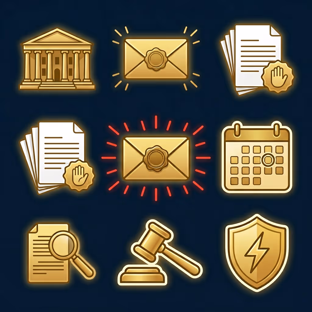 Set of nine golden legal and official icons on dark background, including courthouse, sealed envelopes, documents with stop seal, calendar, magnifying glass on paper, gavel, and shield.
