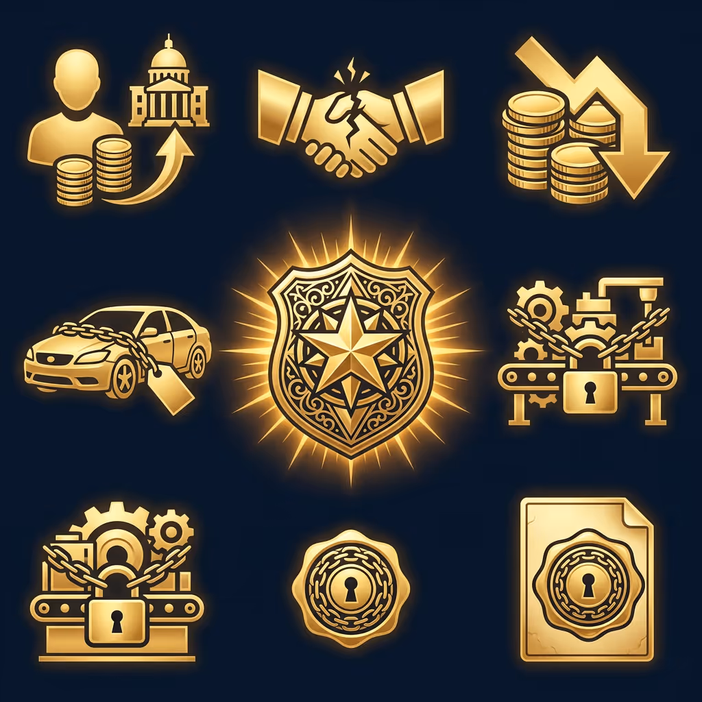 Gold icons symbolizing financial and legal enforcement including a person paying government, broken handshake, declining coins, car with chain and tag, locked industrial machines, a star badge, locked seal, and a locked document.