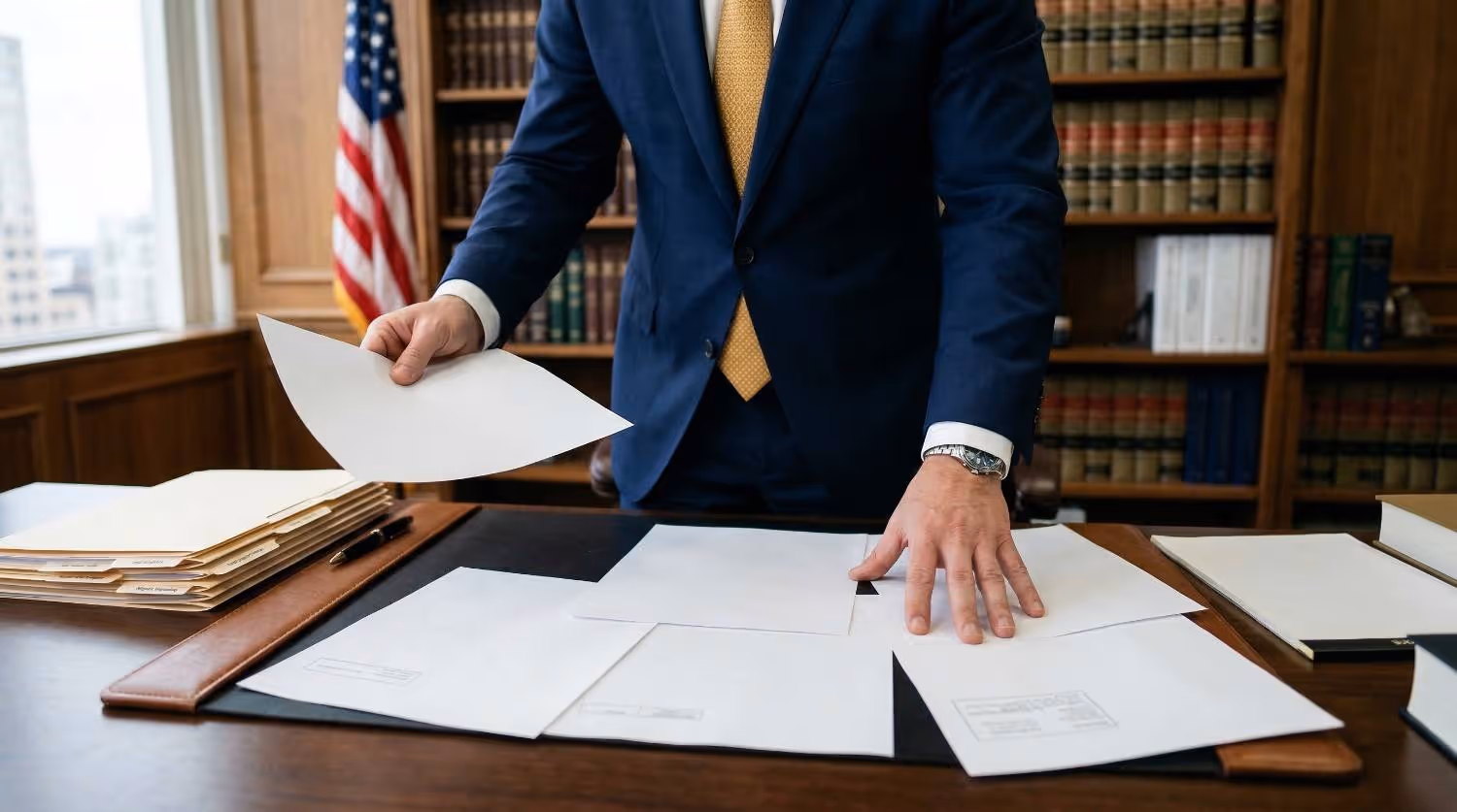 Person in suit and yellow tie sorting through papers on a wooden desk in a law office with bookshelves and an American flag in the background.