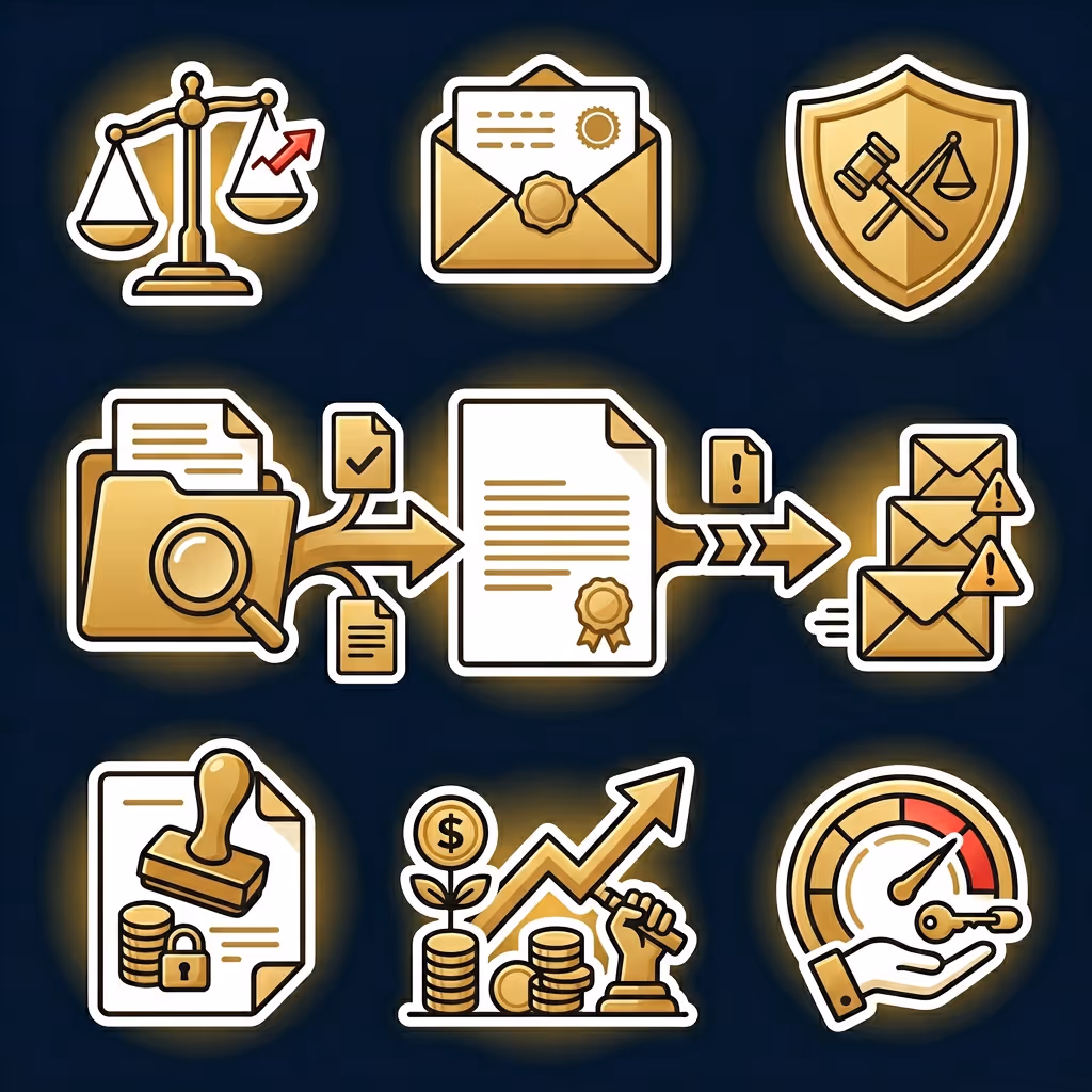 Set of gold-themed icons including scales of justice with arrow, sealed envelope, legal shield, document with magnifying glass, certified paper with warning envelopes, stamped document with coins and lock, rising arrow with coins and fist, and speedometer in hand.