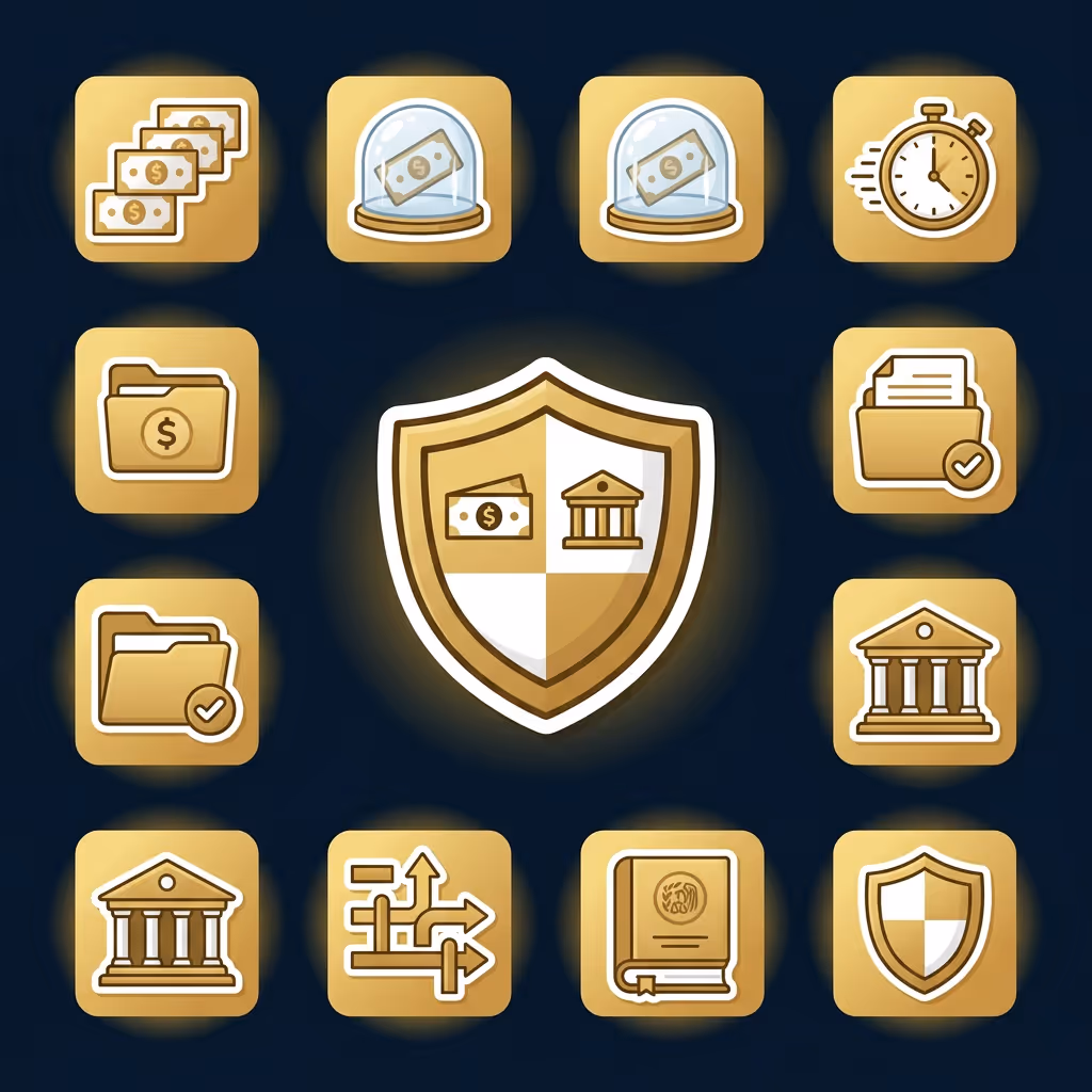 Set of golden icons representing financial security, money, banking, documents, legal books, and shields on dark background.