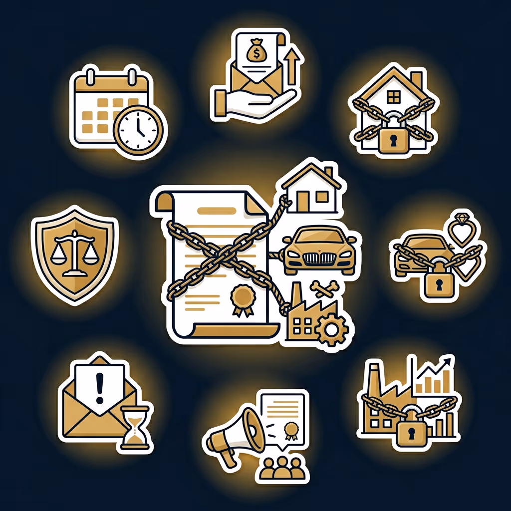 Illustration showing a central document with a chain around a house, car, and factory, surrounded by icons representing a calendar, rising money, locked house, scales of justice, locked car with hearts, urgent envelope with hourglass, megaphone announcing a certificate, and locked factory with growth chart.