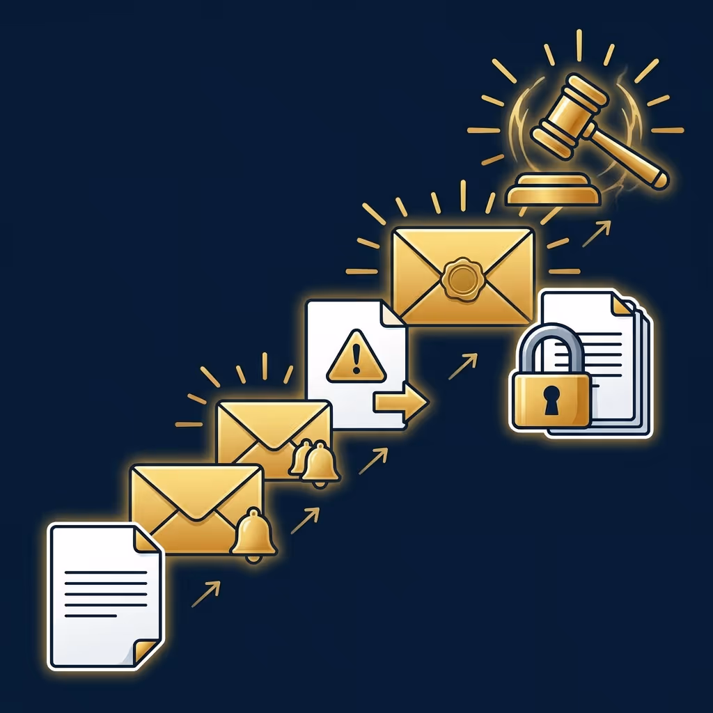 Sequence of golden envelopes and documents illustrating a legal process with alerts, secure lock, and judge's gavel icons.