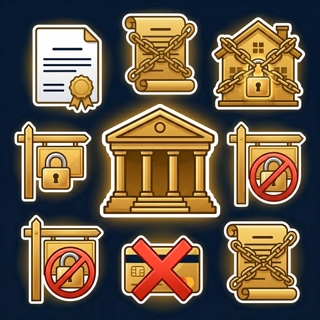 Set of gold icons symbolizing secured documents, locked house, bank building, locked signs, and denied credit card with red cross.