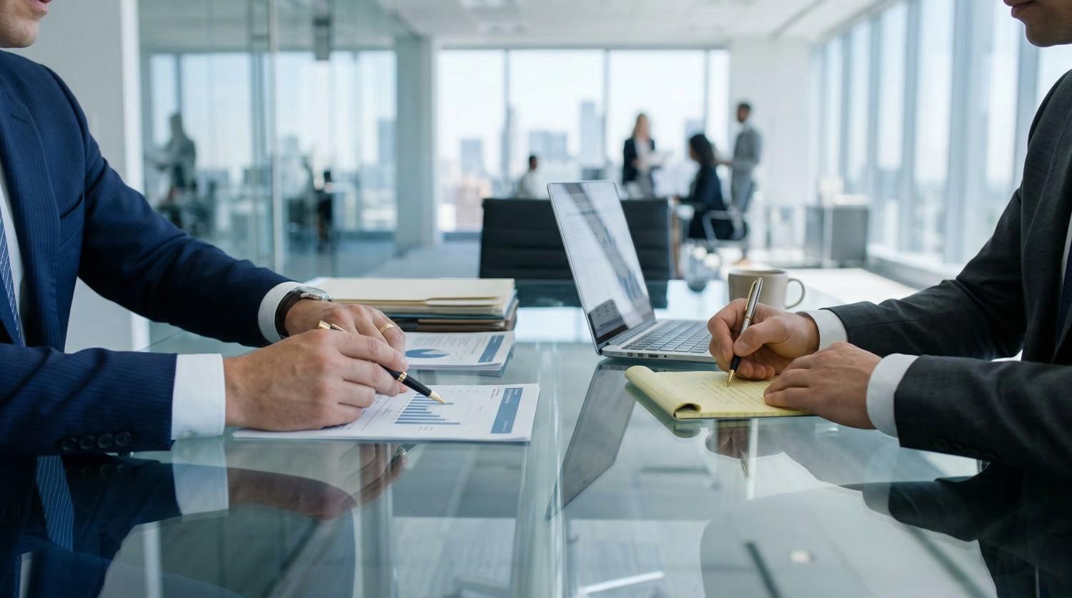 Two business professionals reviewing charts and taking notes at a glass desk with a laptop in a modern office.