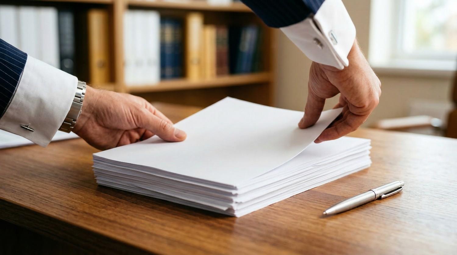 Una persona vestida con traje que maneja una gruesa pila de hojas de papel en blanco sobre un escritorio de madera, con un bolígrafo plateado cerca.
