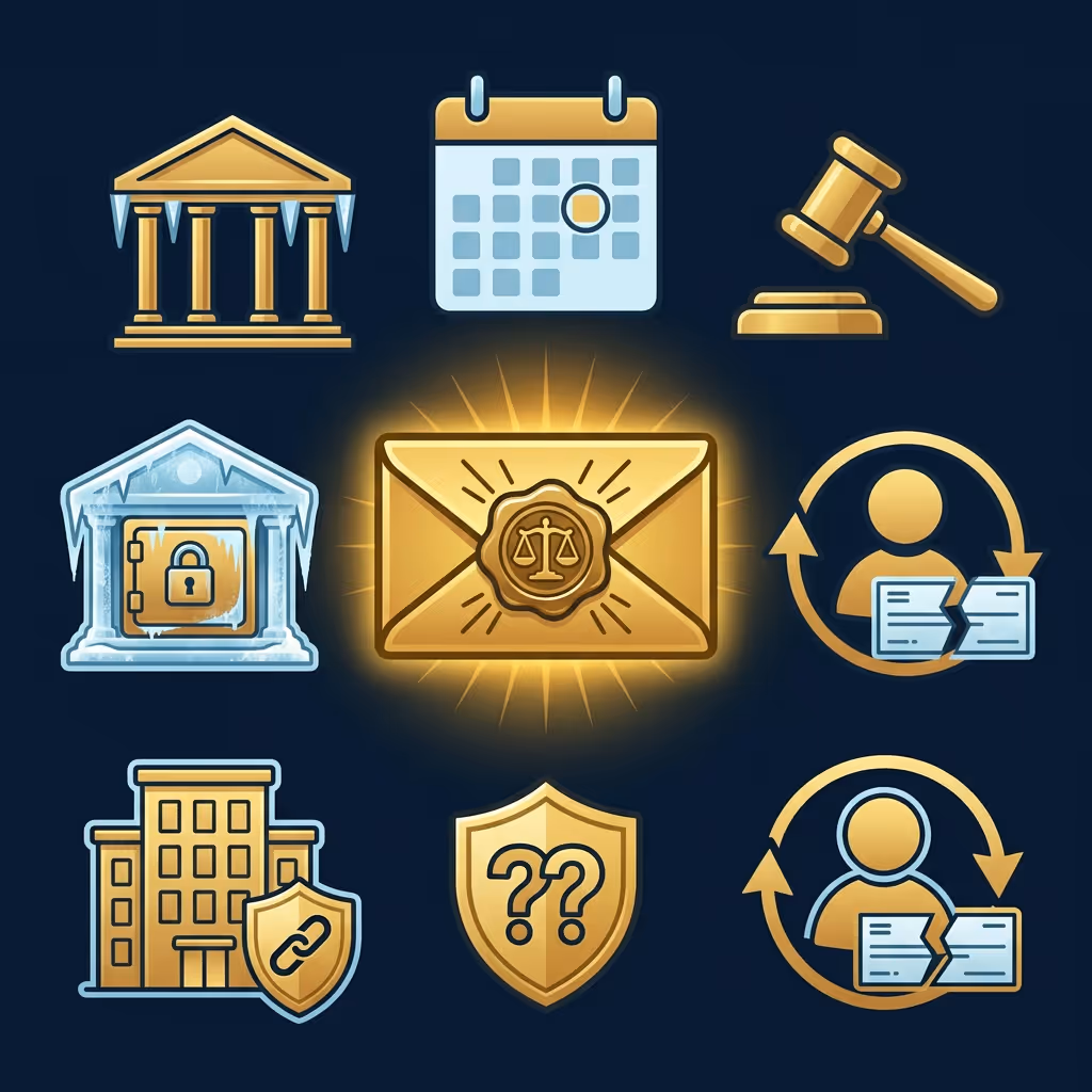 Set of nine legal-themed icons including courthouse, calendar, judge's gavel, frozen bank vault, sealed envelope with justice scales, user with documents, building with shield, shield with question marks, and user with documents in two circular arrows.