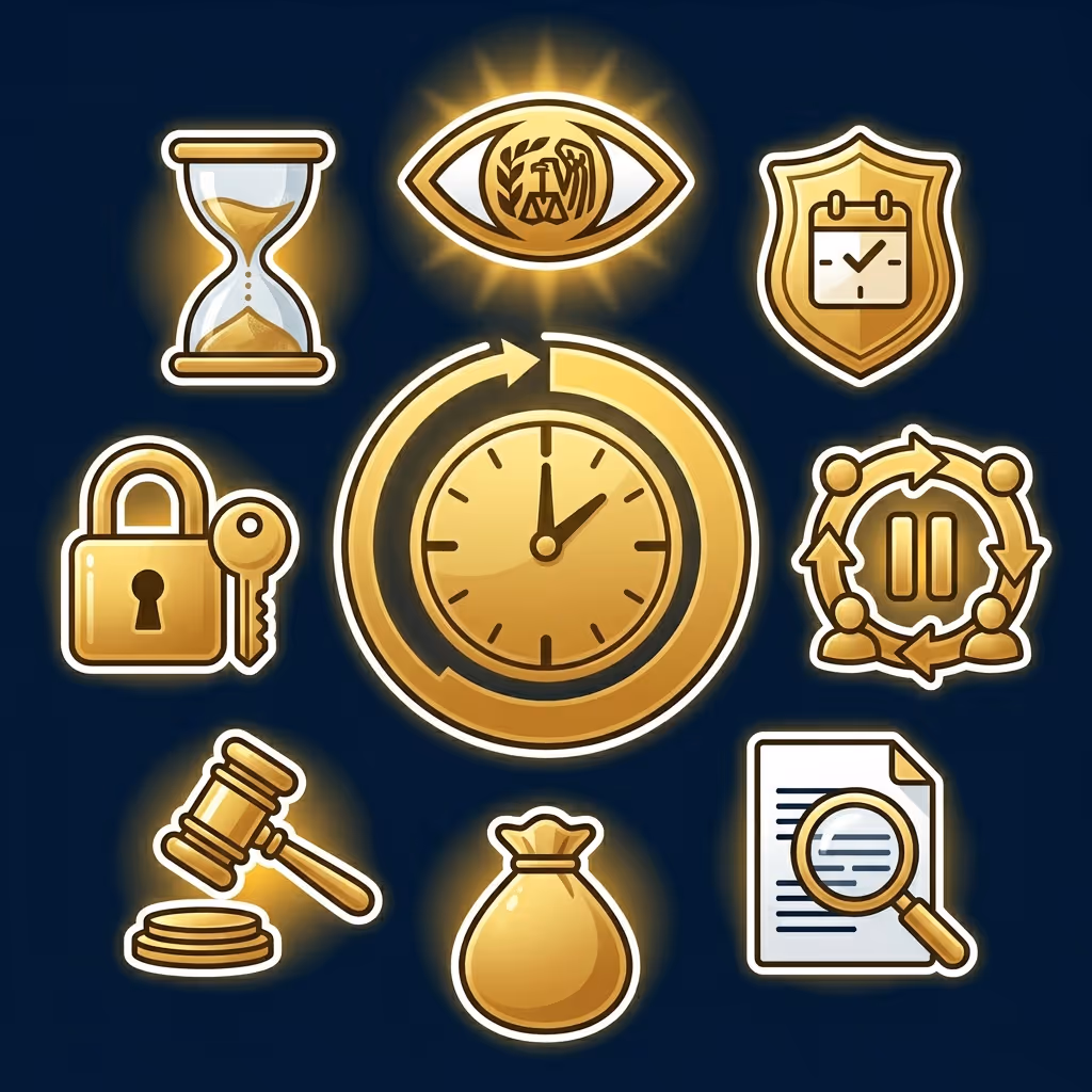 Set of gold icons on dark background depicting time, security, law, finance, and review concepts, including hourglass, eye with scales, calendar shield, lock and key, clock with arrows, pause cycle, gavel with coins, money bag, and magnifying glass on document.