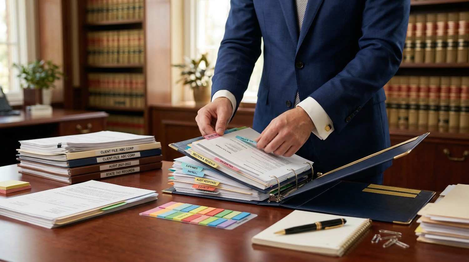 Person in blue suit organizing a binder with labeled tabs like Sales Tax and Section 4 Revenue on a desk with stacks of documents and office supplies.