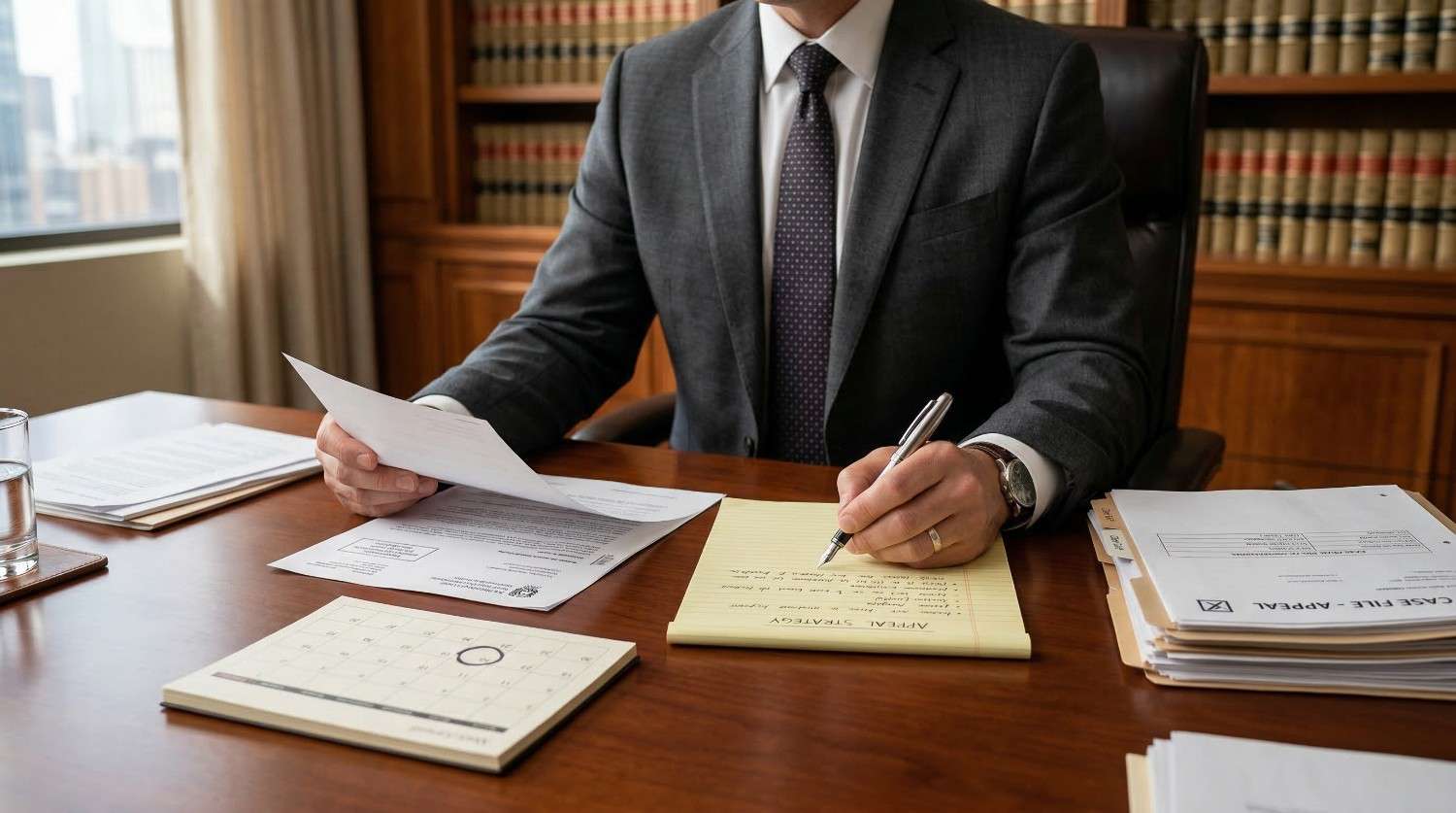 Man in business suit writing on a legal pad with documents and a calendar on the desk in a law office.