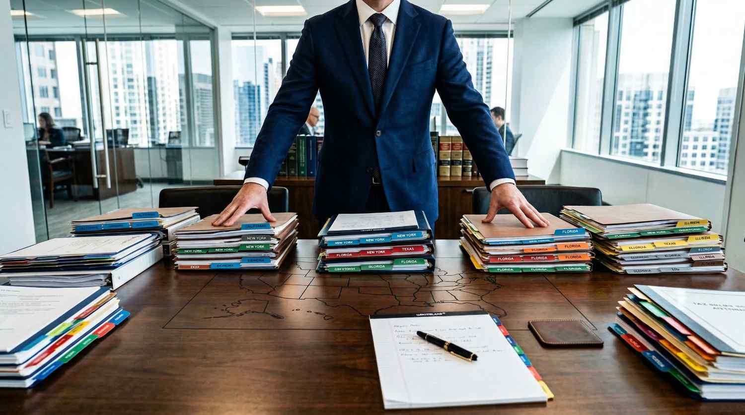 Person in a dark suit stands behind a table with organized stacks of multi-state tax folders labeled with state names like New York, Florida, and Texas in an office with large windows.