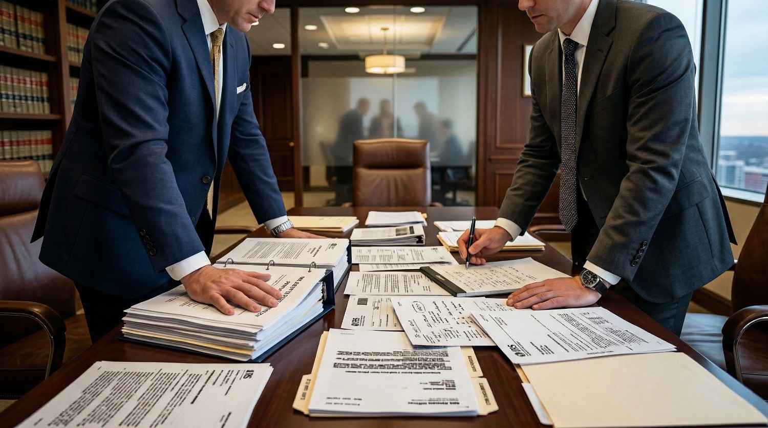 Two men in business suits reviewing and writing on tax documents on a conference table in an office.