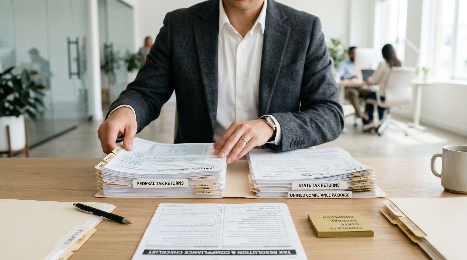 Person organizing stacks of tax documents labeled Federal Tax Returns, State Tax Returns, and Unified Compliance Package on a desk.