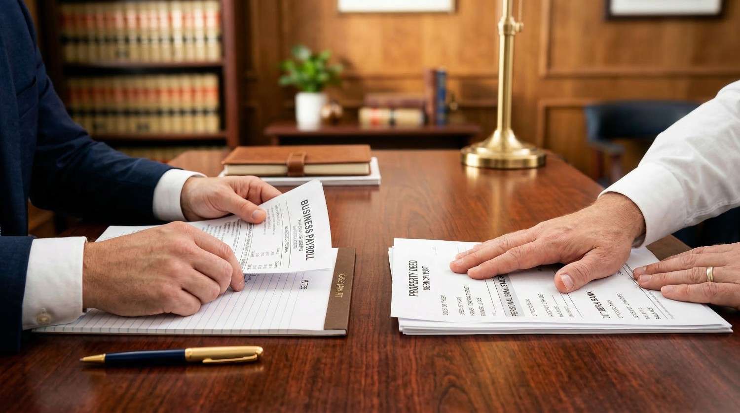 Dos personas vestidas con traje de negocios revisando y ordenando documentos de nóminas y escrituras de propiedad sobre un escritorio de madera en un entorno de oficina.