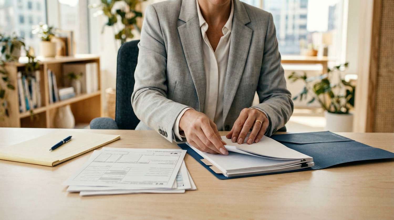 Una persona con una chaqueta gris ordenando documentos en un escritorio, junto a un bolígrafo, un cuaderno y unos papeles.