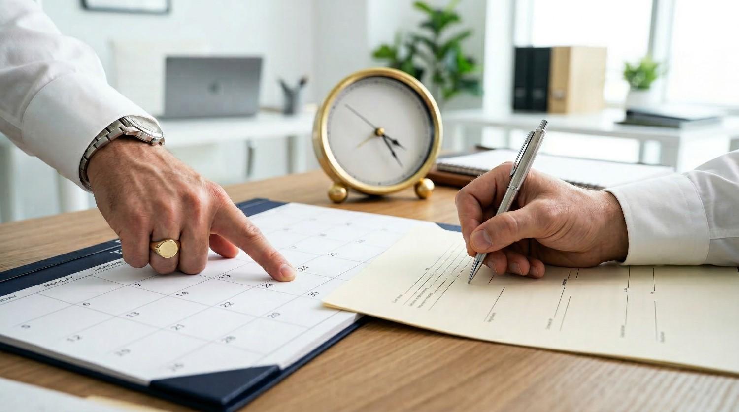 Person pointing at a calendar date while another person writes on a document at a desk with a round clock in the background.