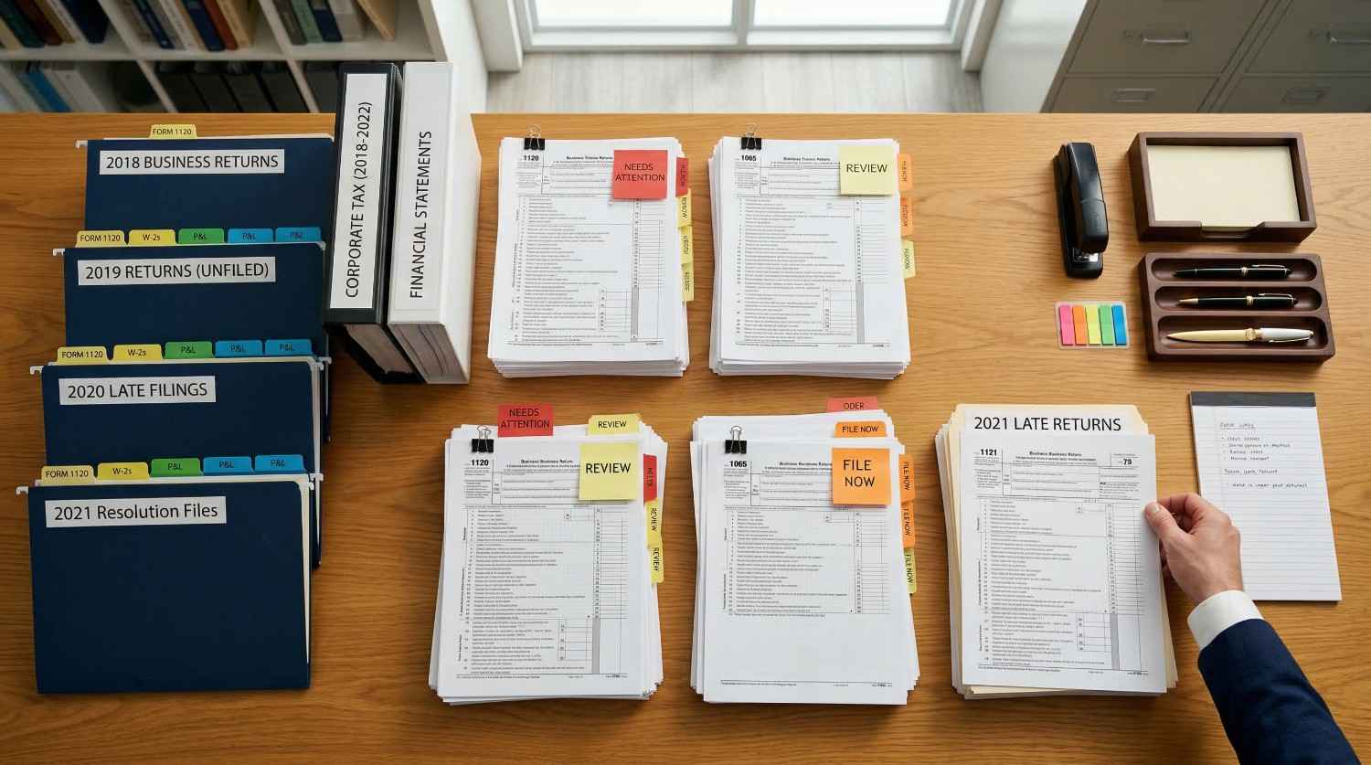 Escritorio ordenado con carpetas etiquetadas y pilas de formularios de declaración de impuestos de empresas de 2018 a 2021, algunos marcados para su revisión, atención o archivo, junto con material de oficina.