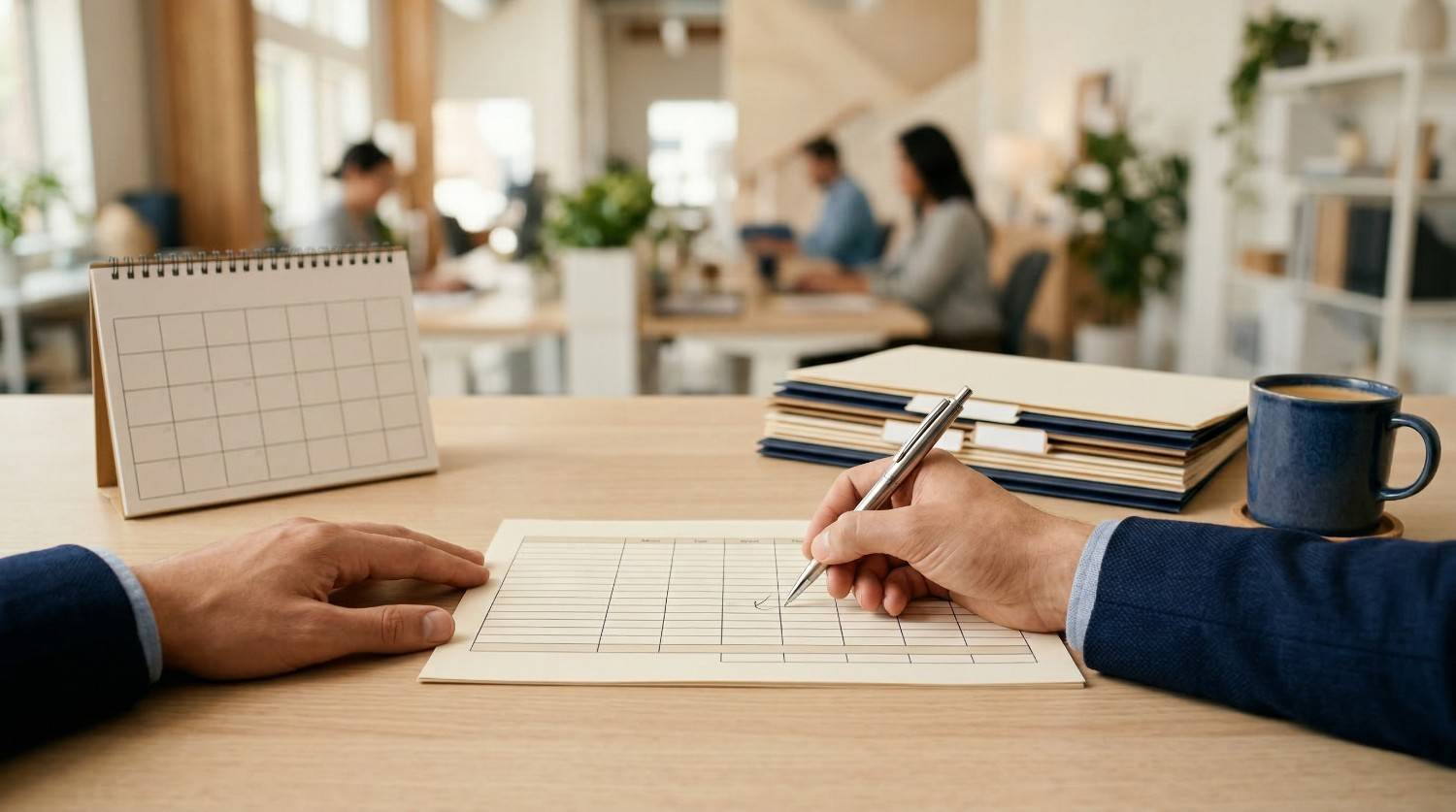 Person in business attire marking a checkbox on a paper form at a desk with a calendar, file folders, and a coffee cup, office background with people.
