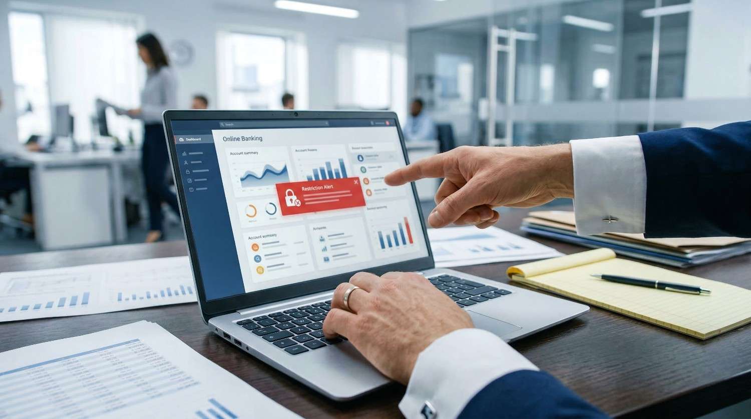 Persona vestida con traje de negocios que señala la pantalla de un ordenador portátil en la que se ve el panel de control de la banca online con una ventana emergente roja de alerta de restricción.