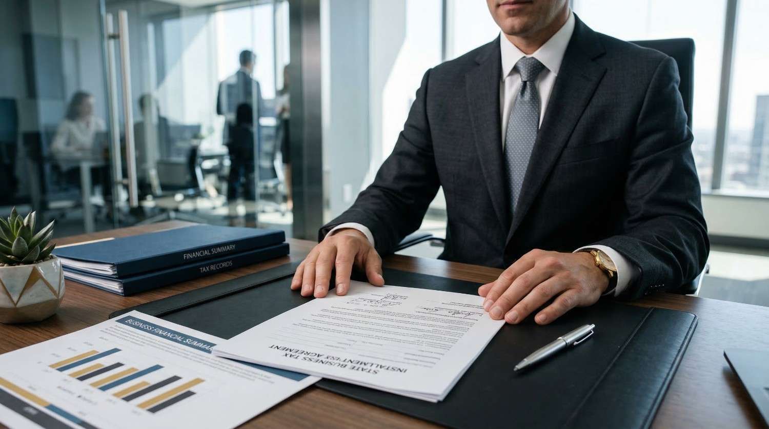Businessman in a suit sitting at a desk with financial summary documents and tax records in an office.