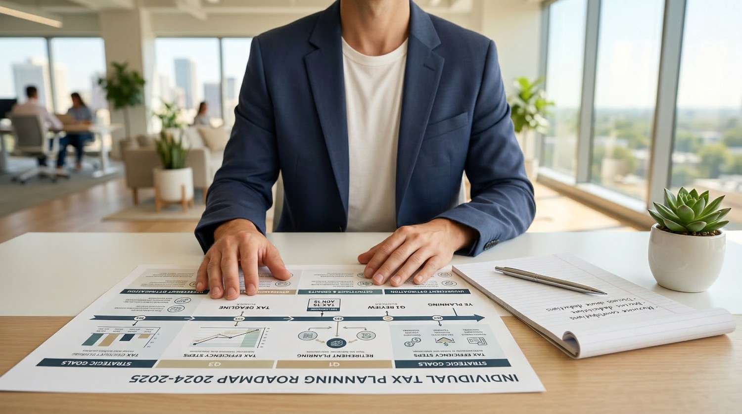 Person in business attire sitting at desk with individual tax planning roadmap document and notepad with pen.