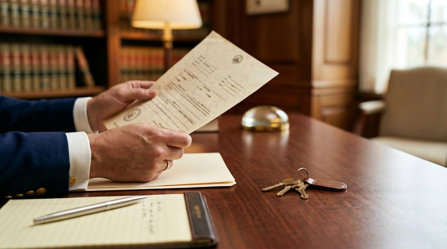 Una persona con traje azul sostiene un documento legal sobre un escritorio de madera en el que hay unas llaves, un bolígrafo y un bloc de notas.