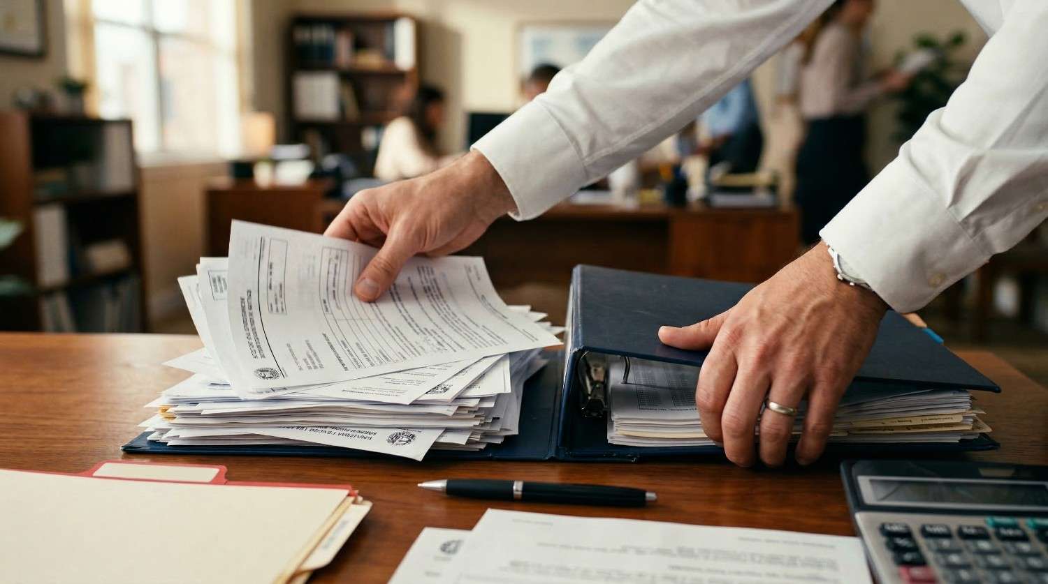 Una persona ordenando una gran pila de documentos oficiales y expedientes sobre un escritorio de madera en una oficina.
