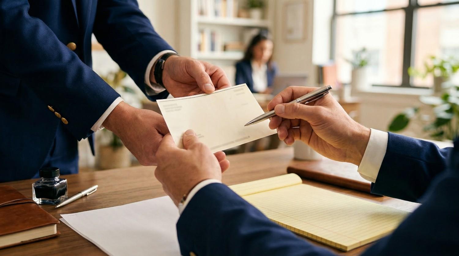 Dos personas vestidas con traje de negocios intercambiando un cheque: una lo sostiene mientras la otra lo firma con un bolígrafo en un escritorio con material de oficina.